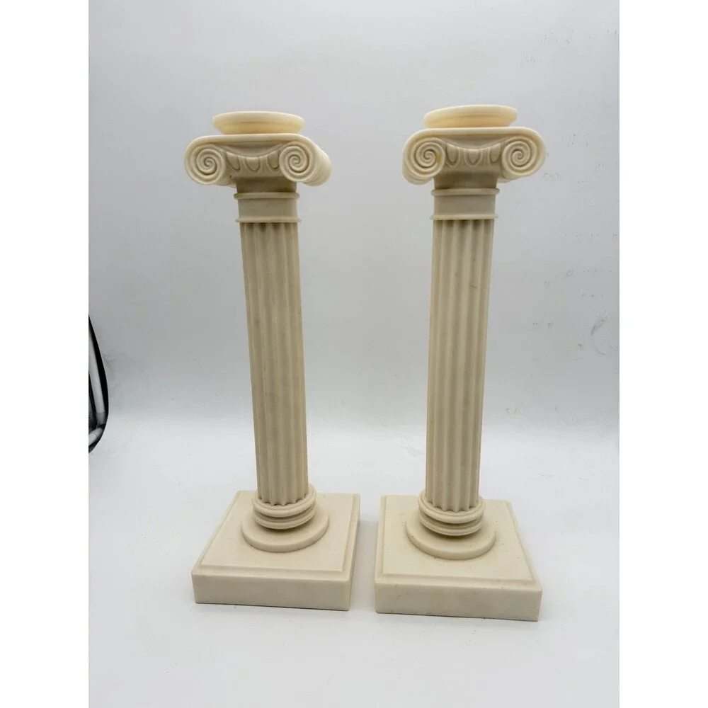 2 Alabaster Carved Roman Columns Corinthian Sculpture Candle Holders 15.5”x5”